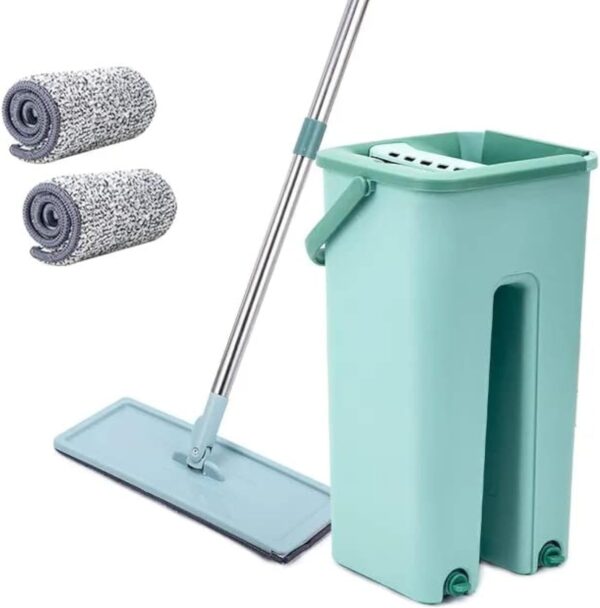 EMIRATES LIVING Microfiber Flat Mop with Bucket, Cleaning Squeeze Hand Free Floor Mop, Reusable Mop Pads, Stainless Steel Handle,360° Rotating Head Squeeze Flat Mop (GREEN)
