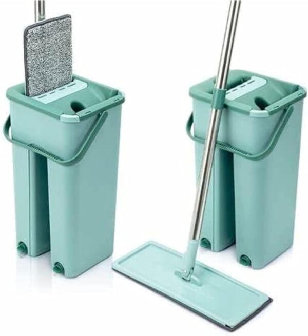 EMIRATES LIVING Microfiber Flat Mop with Bucket, Cleaning Squeeze Hand Free Floor Mop, Reusable Mop Pads, Stainless Steel Handle,360° Rotating Head Squeeze Flat Mop (GREEN) - Image 4