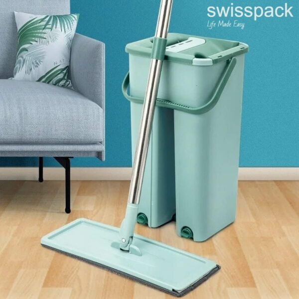 EMIRATES LIVING Microfiber Flat Mop with Bucket, Cleaning Squeeze Hand Free Floor Mop, Reusable Mop Pads, Stainless Steel Handle,360° Rotating Head Squeeze Flat Mop (GREEN) - Image 5