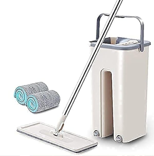 EMIRATES LIVING Microfiber Flat Mop with Bucket, Cleaning Squeeze Hand Free Floor Mop, Reusable Mop Pads, Stainless Steel Handle,360° Rotating Head Squeeze Flat Mop (WHITE)