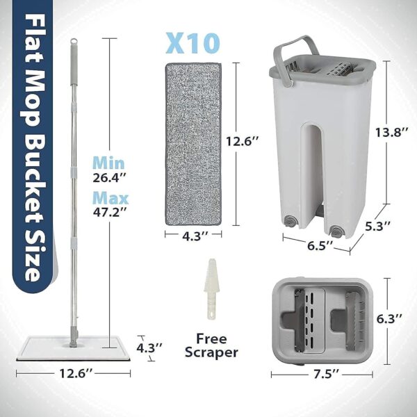 EMIRATES LIVING Microfiber Flat Mop with Bucket, Cleaning Squeeze Hand Free Floor Mop, Reusable Mop Pads, Stainless Steel Handle,360° Rotating Head Squeeze Flat Mop (WHITE) - Image 2