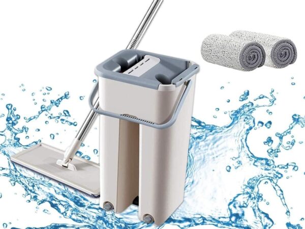 EMIRATES LIVING Microfiber Flat Mop with Bucket, Cleaning Squeeze Hand Free Floor Mop, Reusable Mop Pads, Stainless Steel Handle,360° Rotating Head Squeeze Flat Mop (WHITE) - Image 3