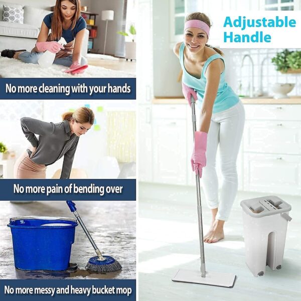 EMIRATES LIVING Microfiber Flat Mop with Bucket, Cleaning Squeeze Hand Free Floor Mop, Reusable Mop Pads, Stainless Steel Handle,360° Rotating Head Squeeze Flat Mop (WHITE) - Image 8