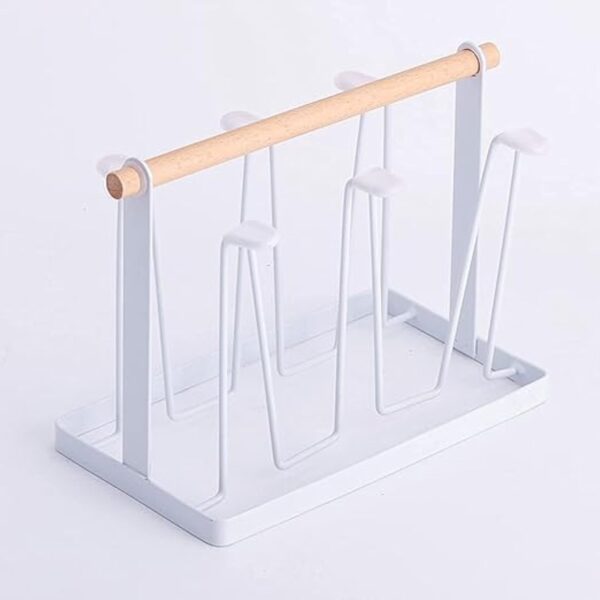 EMIRATES LIVING 6 Cups Mug Glass Stand Metal Holder Non-Slip Hanging Drainer Upside-Down, Mugs Cup Holder Table Top Wooden handle Kitchen Stand Organizer for Drinkware Drying Rack -White(NW-31320)