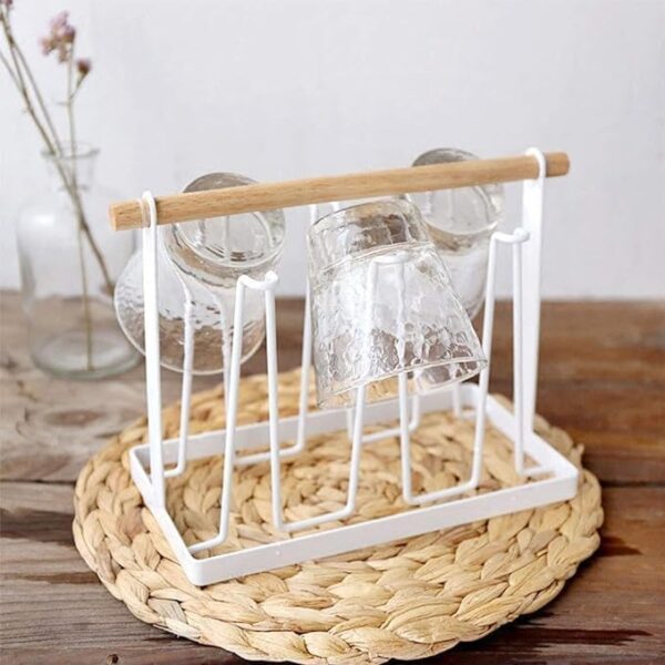 EMIRATES LIVING 6 Cups Mug Glass Stand Metal Holder Non-Slip Hanging Drainer Upside-Down, Mugs Cup Holder Table Top Wooden handle Kitchen Stand Organizer for Drinkware Drying Rack -White(NW-31320) - Image 3