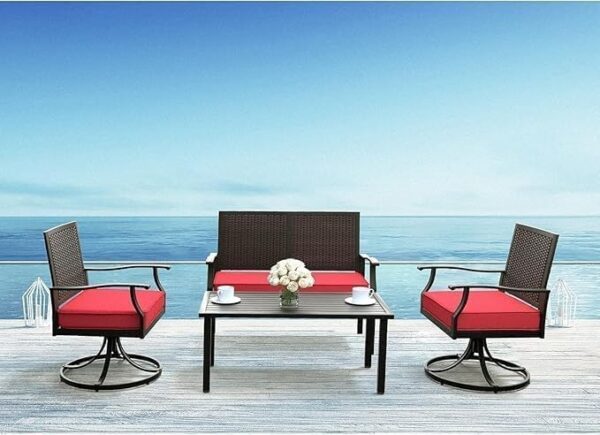 Emirates Living Patio Furniture Set 4 Pieces, Thick Metal Frame Outdoor Sectional, All Weather Chat Set w/Loveseat Sofa Rocking & Swivel Chair