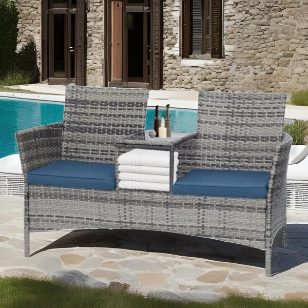 Emirates Living Outdoor Wicker Patio Double Chair with Centre Table and Cushions, Grey