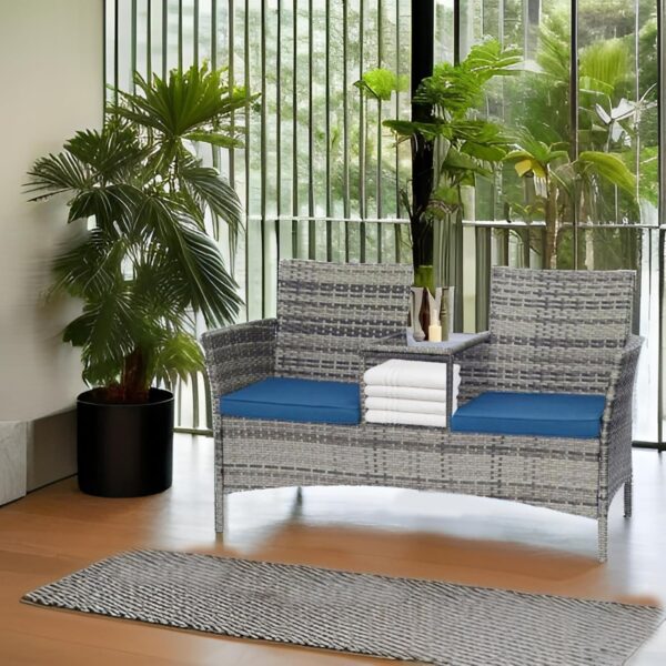 Emirates Living Outdoor Wicker Patio Double Chair with Centre Table and Cushions, Grey - Image 4