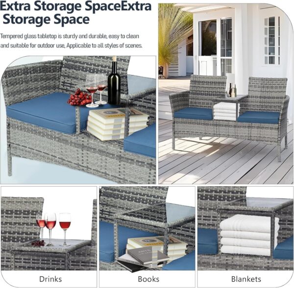 Emirates Living Outdoor Wicker Patio Double Chair with Centre Table and Cushions, Grey - Image 7