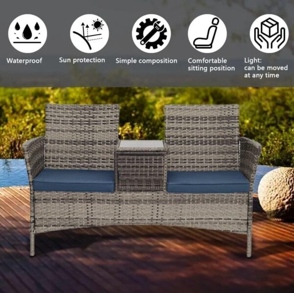 Emirates Living Outdoor Wicker Patio Double Chair with Centre Table and Cushions, Grey - Image 8