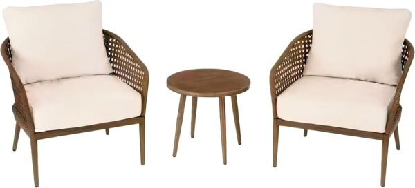 Emirates Living Outdoor Patio Set: 2 Elegant Wicker Chairs with Plush Cushions & Stylish Round Side Table for Ultimate Comfort and Relaxation - Image 2