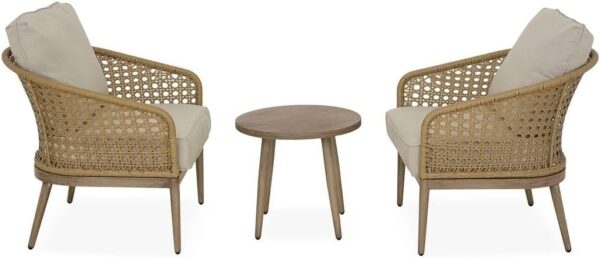 Emirates Living Outdoor Patio Set: 2 Elegant Wicker Chairs with Plush Cushions & Stylish Round Side Table for Ultimate Comfort and Relaxation - Image 5