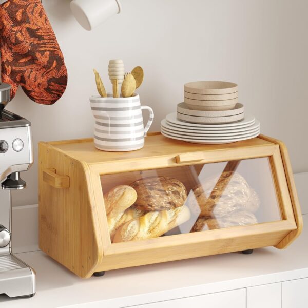 Emirates Living Bamboo Bread Box keep The Bread Fresh For Kitchen Counter-Large Capacity Wooden Bread Storage Container Farmhouse Bread Box with Window Bread Holder