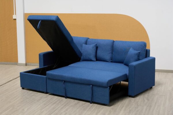 Emirates Living Sofa Cum Bed With Cushions L-Shaped | Storage Space | Convertible Living Room Furniture (Blue)