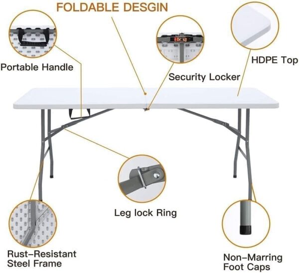 EMIRATES LIVING 1.8M 6Ft Foldable Lightweight Table, Durable Outdoor And Indoor Portable Table, Colour White - Image 3