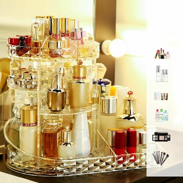 Emirates Living Clear L-Shape Bottom Makeup Organizer 360 Degree Rotating Multi-Function Acrylic Diamond Pattern Cosmetic Storage Display Case For Brushes Lipsticks Jewelry