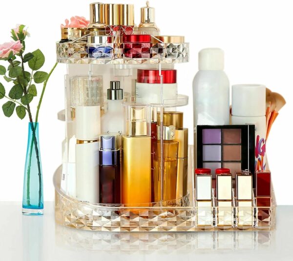 Emirates Living Clear L-Shape Bottom Makeup Organizer 360 Degree Rotating Multi-Function Acrylic Diamond Pattern Cosmetic Storage Display Case For Brushes Lipsticks Jewelry - Image 3