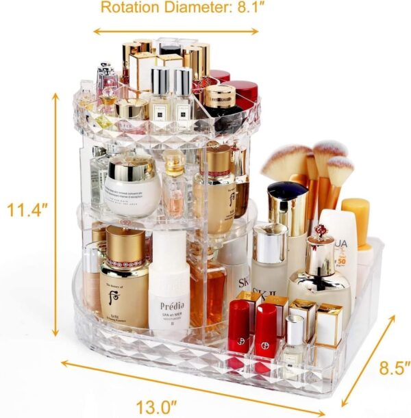 Emirates Living Clear L-Shape Bottom Makeup Organizer 360 Degree Rotating Multi-Function Acrylic Diamond Pattern Cosmetic Storage Display Case For Brushes Lipsticks Jewelry - Image 4