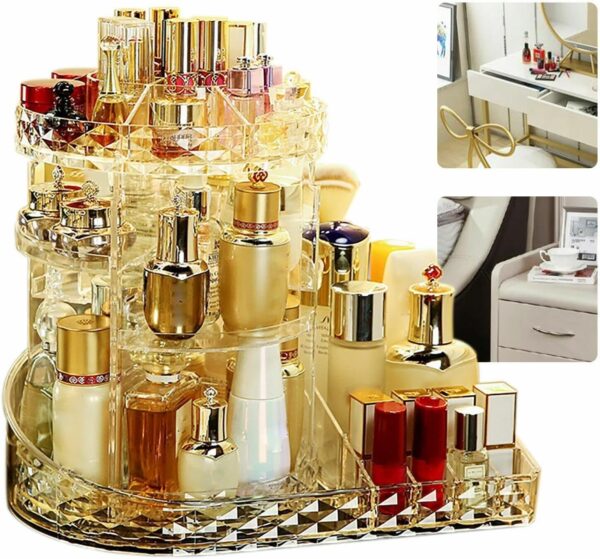 Emirates Living Clear L-Shape Bottom Makeup Organizer 360 Degree Rotating Multi-Function Acrylic Diamond Pattern Cosmetic Storage Display Case For Brushes Lipsticks Jewelry - Image 5