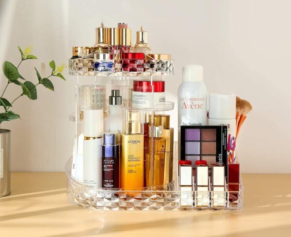 Emirates Living Clear L-Shape Bottom Makeup Organizer 360 Degree Rotating Multi-Function Acrylic Diamond Pattern Cosmetic Storage Display Case For Brushes Lipsticks Jewelry - Image 6
