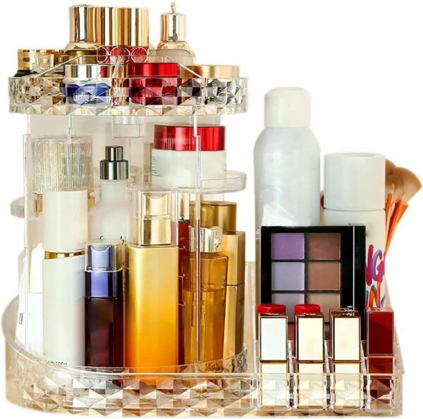Emirates Living Clear L-Shape Bottom Makeup Organizer 360 Degree Rotating Multi-Function Acrylic Diamond Pattern Cosmetic Storage Display Case For Brushes Lipsticks Jewelry - Image 7