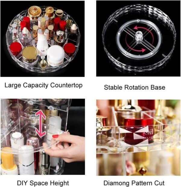 Emirates Living Clear L-Shape Bottom Makeup Organizer 360 Degree Rotating Multi-Function Acrylic Diamond Pattern Cosmetic Storage Display Case For Brushes Lipsticks Jewelry - Image 8