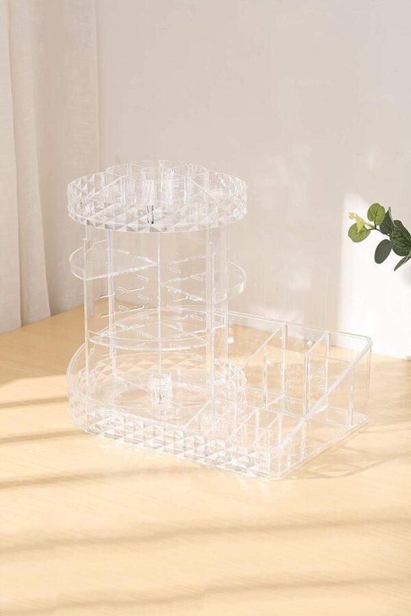 Emirates Living Clear L-Shape Bottom Makeup Organizer 360 Degree Rotating Multi-Function Acrylic Diamond Pattern Cosmetic Storage Display Case For Brushes Lipsticks Jewelry - Image 9