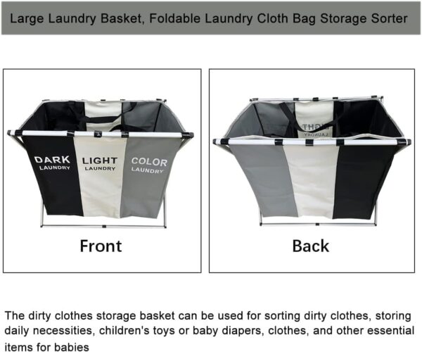 Emirates Living Large Laundry Basket Bags Foldable,3-Section Laundry Hamper Portable Dirty Clothes Bag Sorter - Image 4