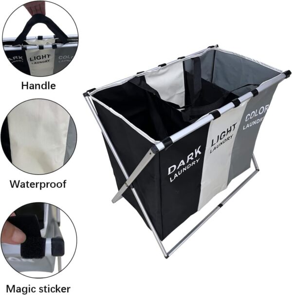 Emirates Living Large Laundry Basket Bags Foldable,3-Section Laundry Hamper Portable Dirty Clothes Bag Sorter - Image 5