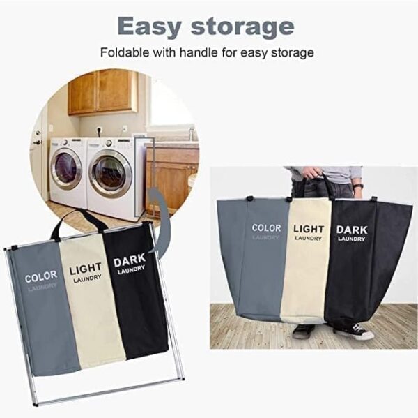 Emirates Living Large Laundry Basket Bags Foldable,3-Section Laundry Hamper Portable Dirty Clothes Bag Sorter - Image 8