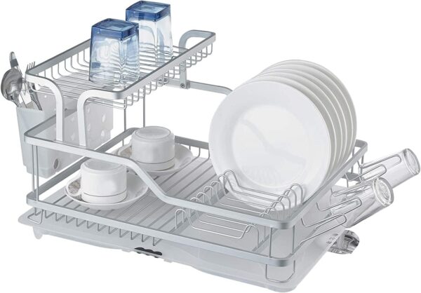 EVERY NIGHT Dish Drying Rack, 2 Tier Dish Racks Drainboard Set for Kitchen Counter with Swivel Spout, Rustproof Aluminum Dish Drainer Compatible with Utensil Holder, Cup Holder