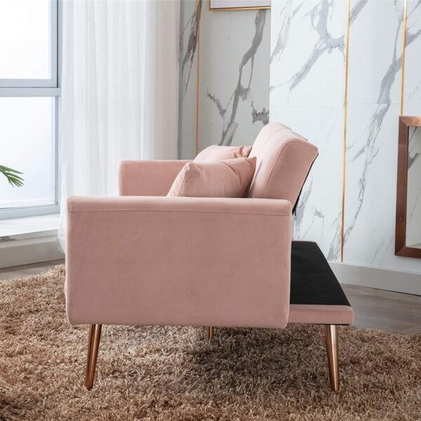Emirates Living Light Luxury Velvet Convertible Modern Sofa Cum Bed (Baby Pink) - Image 2