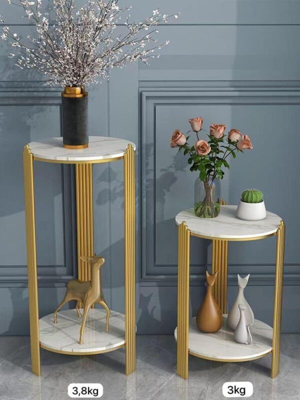 Emirates Living 2 Tier Round Coffee Table, with Metal Frame, Marbling Storage End Side Table, for Nightstand, Bedroom, Living Room, Sofa,Platinum+gold,32 * 32 * 60cm