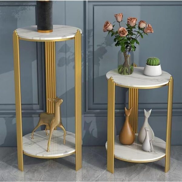 Emirates Living 2 Tier Round Coffee Table, with Metal Frame, Marbling Storage End Side Table, for Nightstand, Bedroom,Platinum+gold (32 * 32 * 100) - Image 2