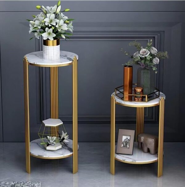 Emirates Living 2 Tier Round Coffee Table, with Metal Frame, Marbling Storage End Side Table, for Nightstand, Bedroom,Platinum+gold (32 * 32 * 100) - Image 4