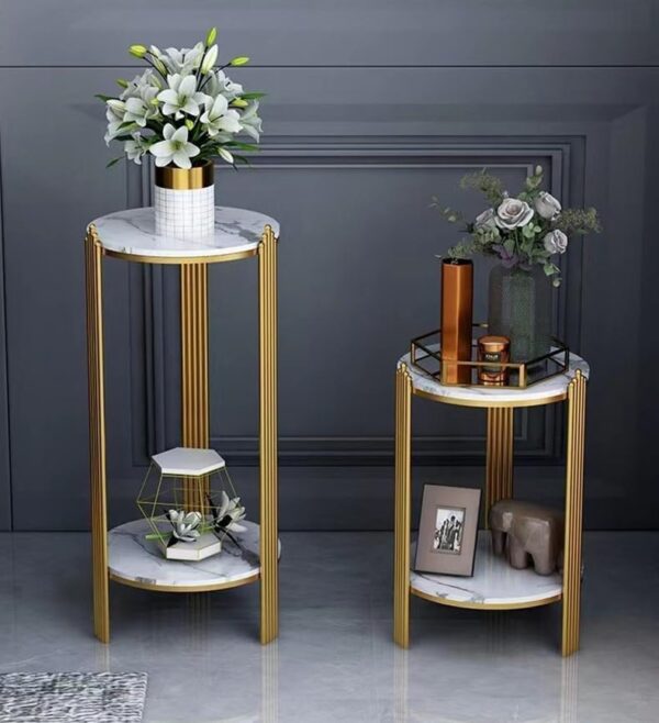Emirates Living 2 Tier Round Coffee Table, with Metal Frame, Marbling Storage End Side Table, for Nightstand, Bedroom,Platinum+gold (32 * 32 * 100) - Image 5