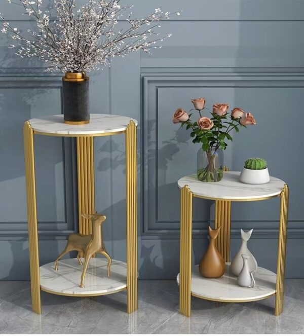 Emirates Living 2 Tier Round Coffee Table, with Metal Frame, Marbling Storage End Side Table, for Nightstand, Bedroom,Platinum+gold (32 * 32 * 100)