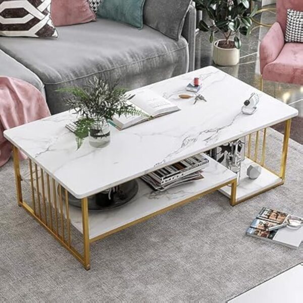 Emirates Living Coffee Table with Storage, Rectangular Sofa Tables Open Shelf for Living Room, Center Marble Finish and Metal Frame Dining Home Office