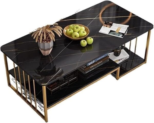 Emirates Living Coffee Table with Storage, Rectangular Sofa Tables Open Shelf for Living Room, Center Marble Finish and Metal Frame Dining Home Office (Black Marble + Gold) - Image 2