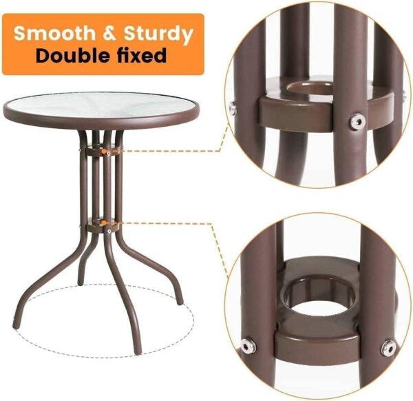 Emirates Living Stylish Round Patio Table with Tempered Glass Top and Durable Metal Frame (BROWN) - Image 7