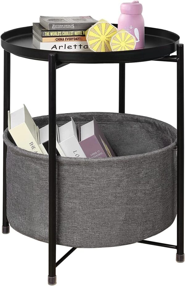 Emirates Living Round End Table, 2-Tier Side Table with Storage Basket Shelf, Nightstand for Living Room, Bedroom, Balcony, Industrial Wood Look with Metal Frame