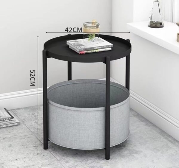 Emirates Living Round End Table, 2-Tier Side Table with Storage Basket Shelf, Nightstand for Living Room, Bedroom, Balcony, Industrial Wood Look with Metal Frame - Image 2