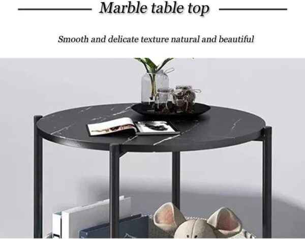 Emirates Living Round End Table, 2-Tier Side Table with Storage Basket Shelf, Nightstand for Living Room, Bedroom, Balcony, Industrial Wood Look with Metal Frame - Image 3