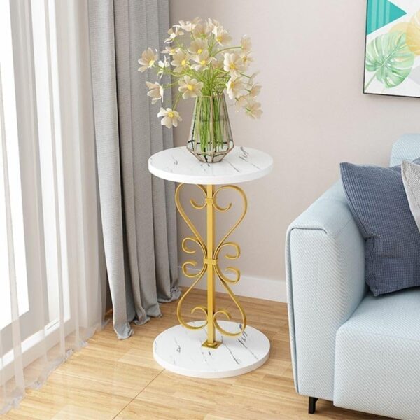 Emirates Living Elegant Round Pedestal Plant Table, 60cm Height, Wood Top, Gold/White Texture, 1 Tier, 12"L x 12"W x 24"H, Indoor Living Room Corner Metal Plant Stand