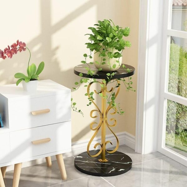 Emirates Living Elegant Round Pedestal Plant Table, 60cm Height, Wood Top, Gold/White Texture, 1 Tier, 12"L x 12"W x 24"H, Indoor Living Room Corner Metal Plant Stand - Image 3