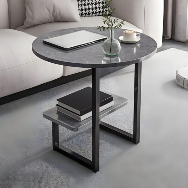 Emirates Living Room Small Side Table Sofa Side Table Living Room Sofa Side Cabinet Side Bedroom Small Coffee Table Modern Round Coffee Table with Metal Frame and Shelves (Gray)