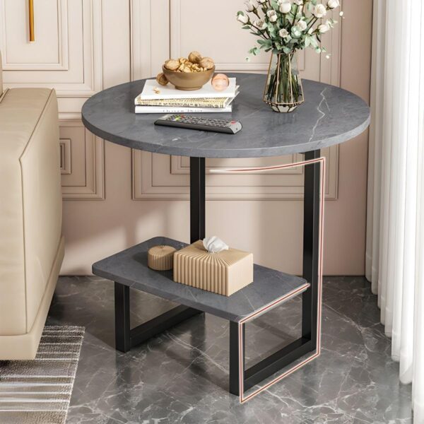 Emirates Living Room Small Side Table Sofa Side Table Living Room Sofa Side Cabinet Side Bedroom Small Coffee Table Modern Round Coffee Table with Metal Frame and Shelves (Gray) - Image 3