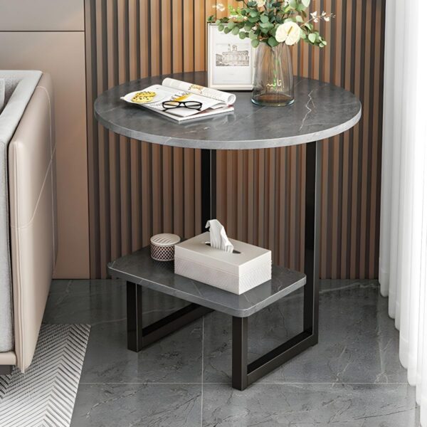 Emirates Living Room Small Side Table Sofa Side Table Living Room Sofa Side Cabinet Side Bedroom Small Coffee Table Modern Round Coffee Table with Metal Frame and Shelves (Gray) - Image 6