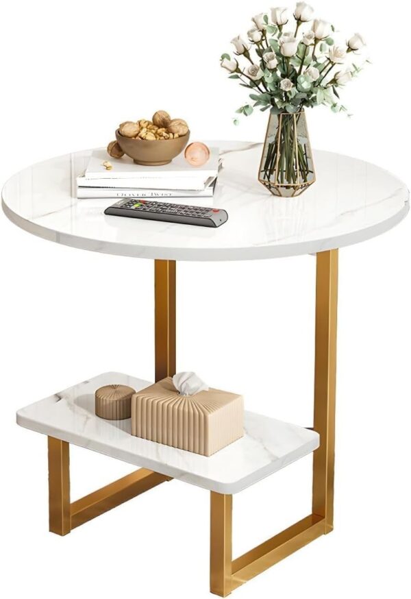 Emirates Living Room Small Side Table Sofa Side Table Living Room Sofa Side Cabinet Side Bedroom Small Coffee Table Modern Round Coffee Table with Metal Frame and Shelves (White/Gold)