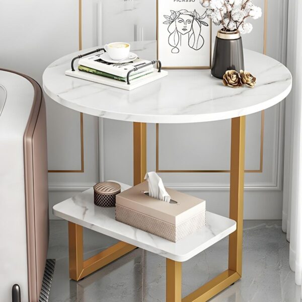 Emirates Living Room Small Side Table Sofa Side Table Living Room Sofa Side Cabinet Side Bedroom Small Coffee Table Modern Round Coffee Table with Metal Frame and Shelves (White/Gold) - Image 2